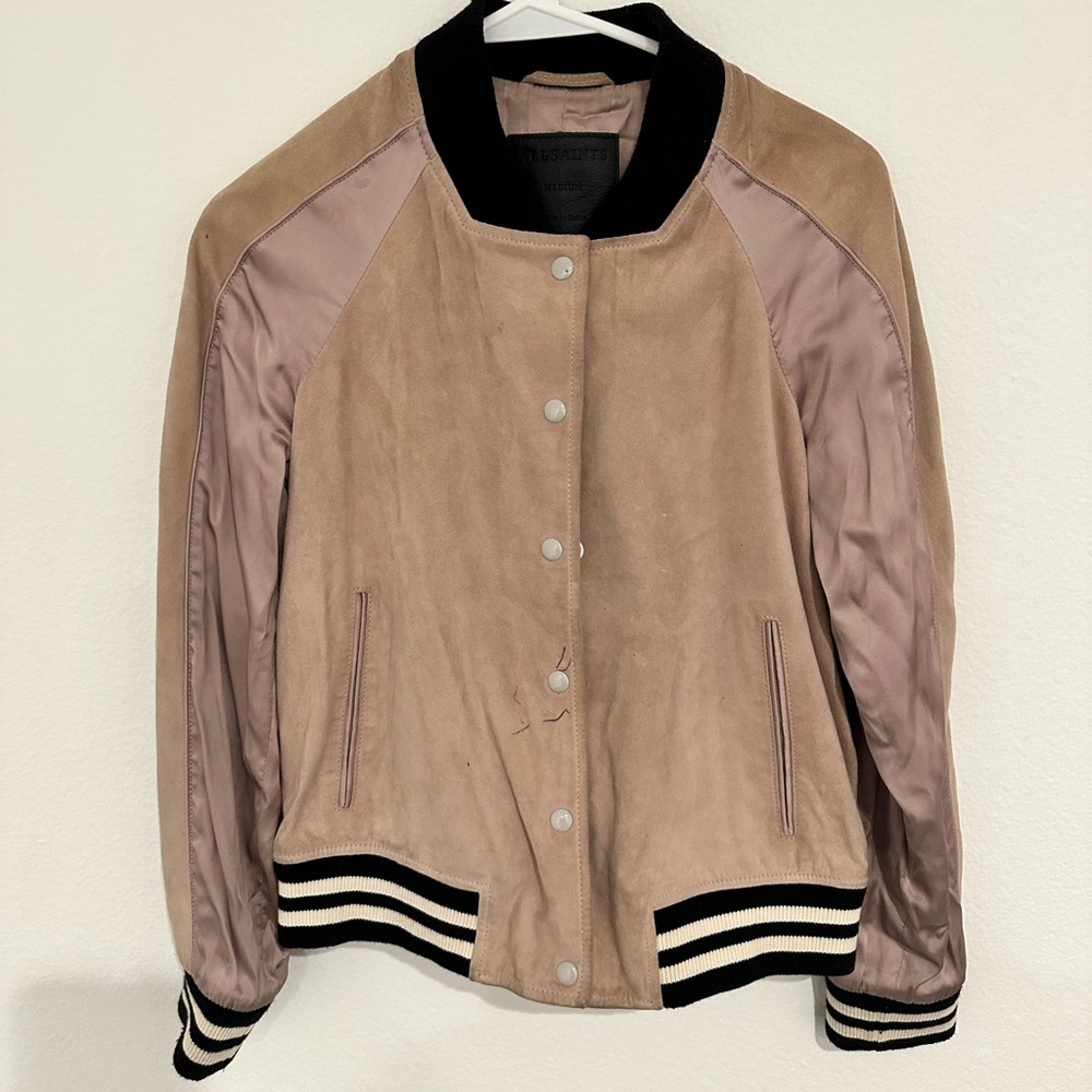 Pink suede All Saints bomber jacket. Size medium